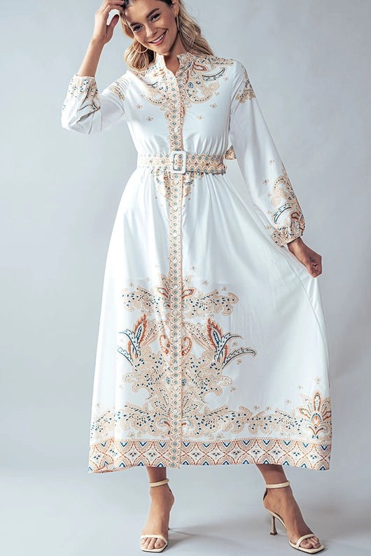 Women's Western High Neck Paisley Maxi Dress in Cream