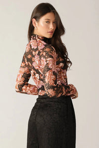 Women's Lace Long Sleeve Fashion Top in Black Floral