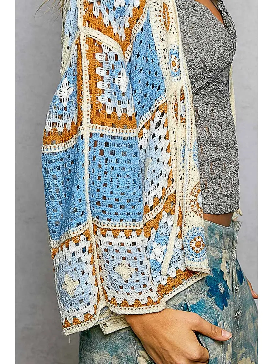 Women's Front Tie Crochet Cardigan in Blue Multi