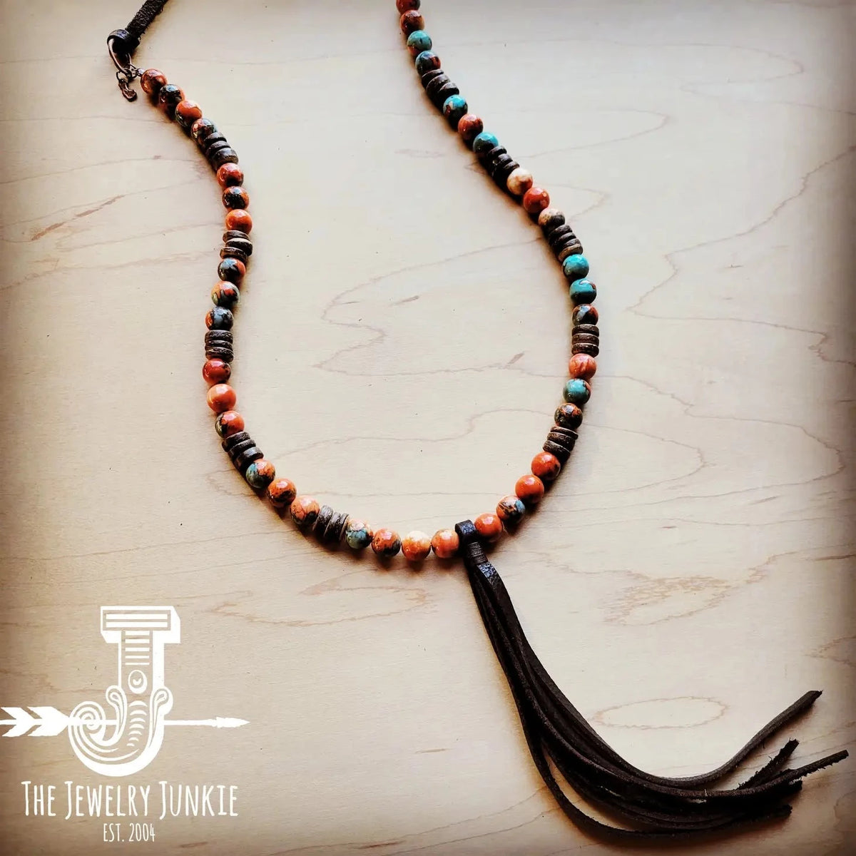 Multi-Colored Turquoise Beaded Necklace with Leather Tassel