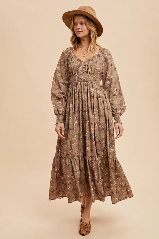 Women's Long Blouse Sleeve Floral Maxi Dress in Dusty Olive