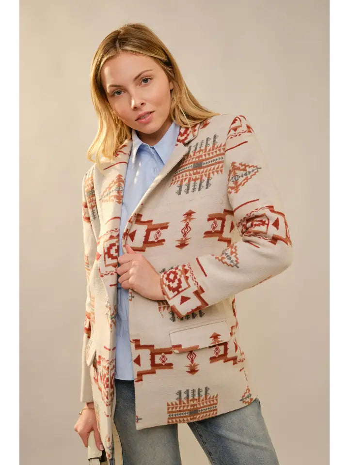 Women's Aztec Pattern Jewel Button Blazer in Taupe