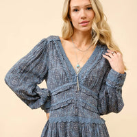 Women's Rayon Jacquard Lace Trimmed Mini Dress in Dusty Blue