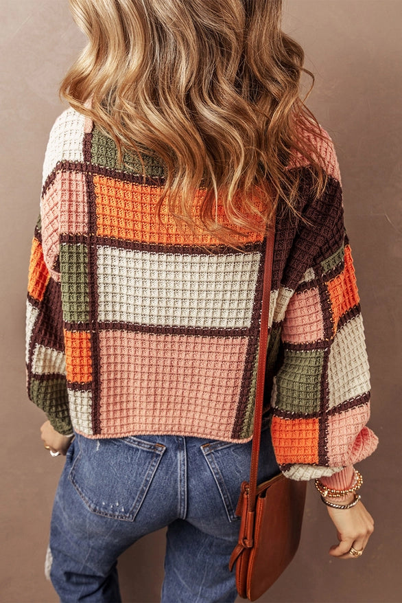 Women's Multi-Color Block Waffle Knit Sweater in Orange