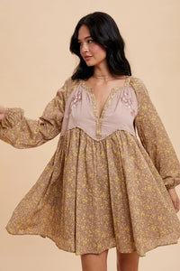 Women's L/S Embroidered Floral Babydoll Dress in Fawn