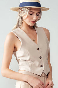 Women's Casual Button Front Cropped Vest in Beige