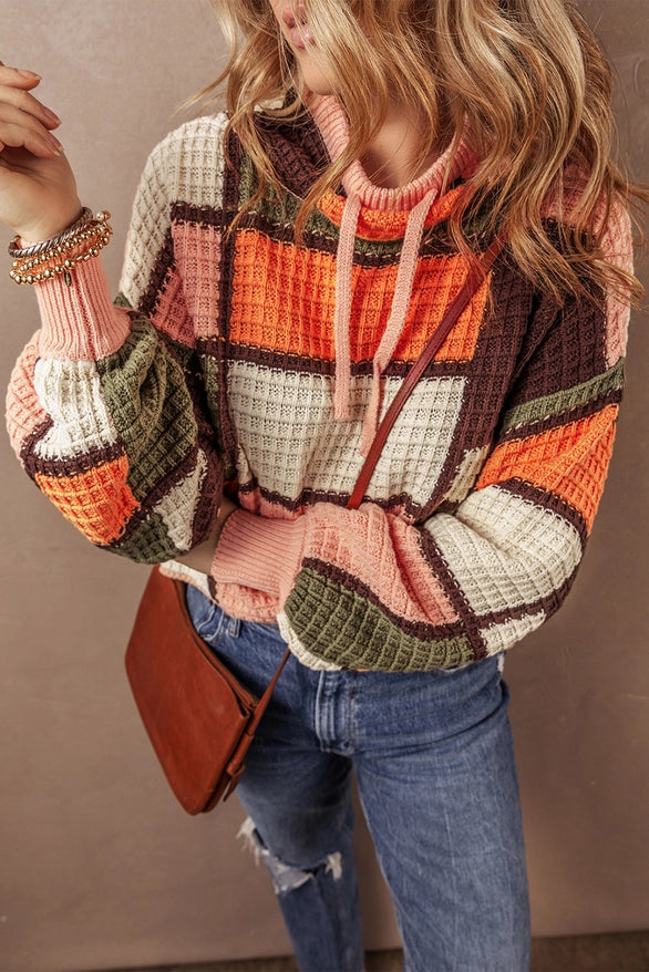 Women's Multi-Color Block Waffle Knit Sweater in Orange