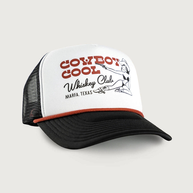 Cowboy Cool "Whiskey Club" Foam Rope Trucker Hat in White & Black