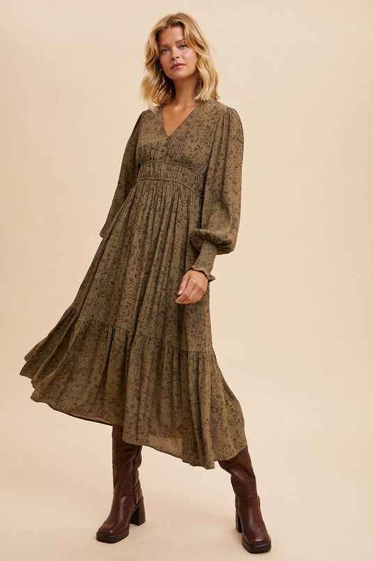 Women's Viscose Floral Long Sleeve Maxi Dress in Olive