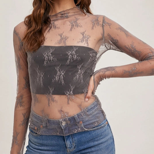 Women's L/S Sheer Floral Lace Mesh Top (Available in 3 Color Options)