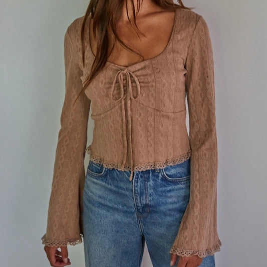 Women's Cropped Cable Textured Peasant Blouse in Dusty Rose