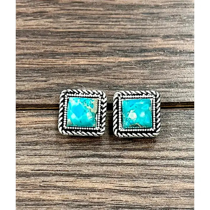 10mm Square Turquoise and Matrix Stud Earrings