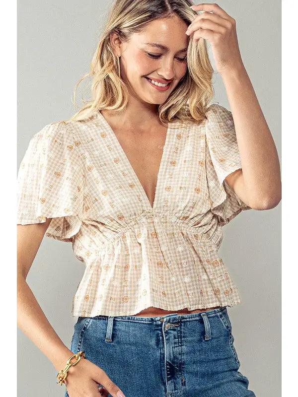 Women's Summer Fields Cropped Blouse in Tan Ivory