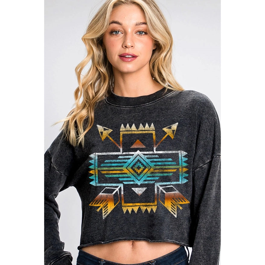 Women's Aztec Roam Free Cropped Graphic Sweatshirt in Black