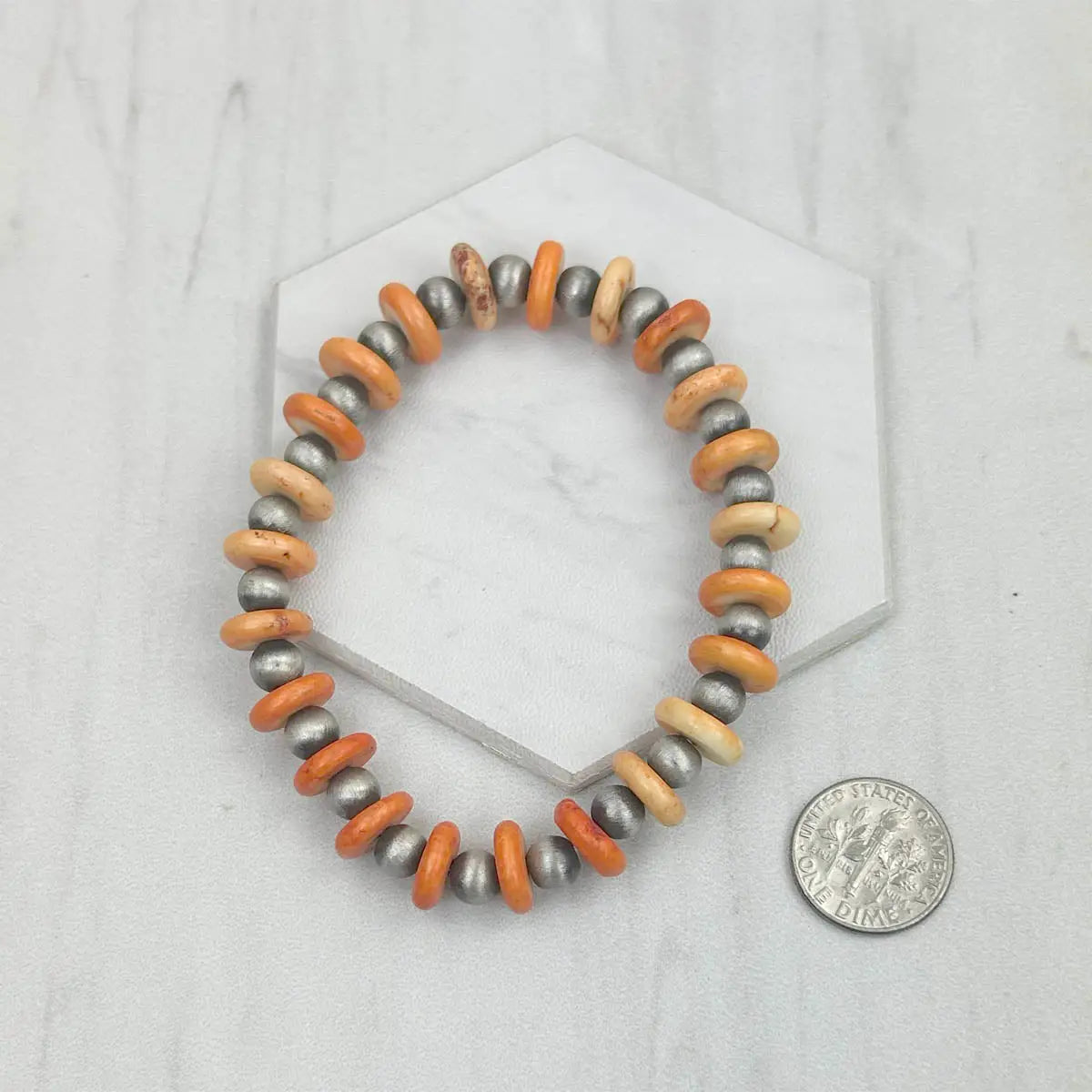 Orange Bead and Silver Navajo Inspired Pearl Stretch Bracelet