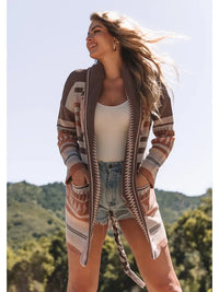 Women's L/S Heritage Jacquard Wrap Cardigan in Taupe and Blush