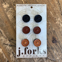 J Forks Black/Brown/Natural Leather Stud Earrings 3 Pack