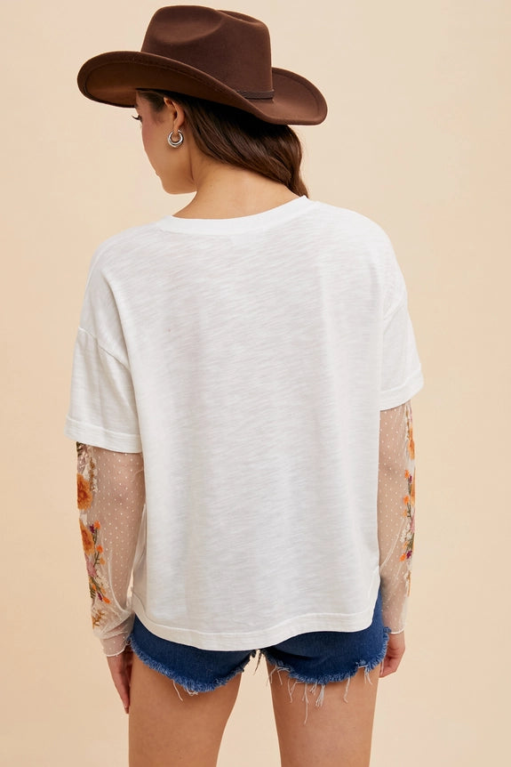 Women's Floral Embroidered Mesh Twofer Sleeve Top in Off White