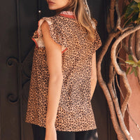 Women's Cap Sleeve Leopard Print Blouse with Contrast Trim (Available in Regular and Plus Sizes)
