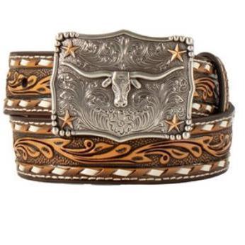 3D Belt Co. Boy's Buck Lace & Embossed Scrolled Steer Head Buckle Belt