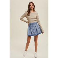 Women's Pleated Denim Mini Skort in Medium Wash