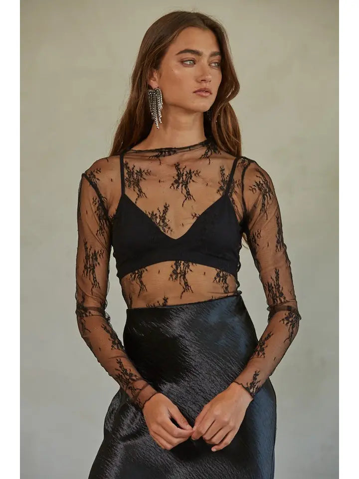 Women's L/S Sheer Floral Lace Mock Neck Mesh Top (Available in 4 Colors)