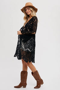 Women's Crochet Open Front Long Cardigan in Black