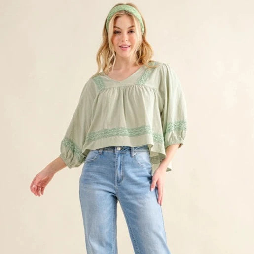 Women's Lace Accented V-Neck Blouse in Sage