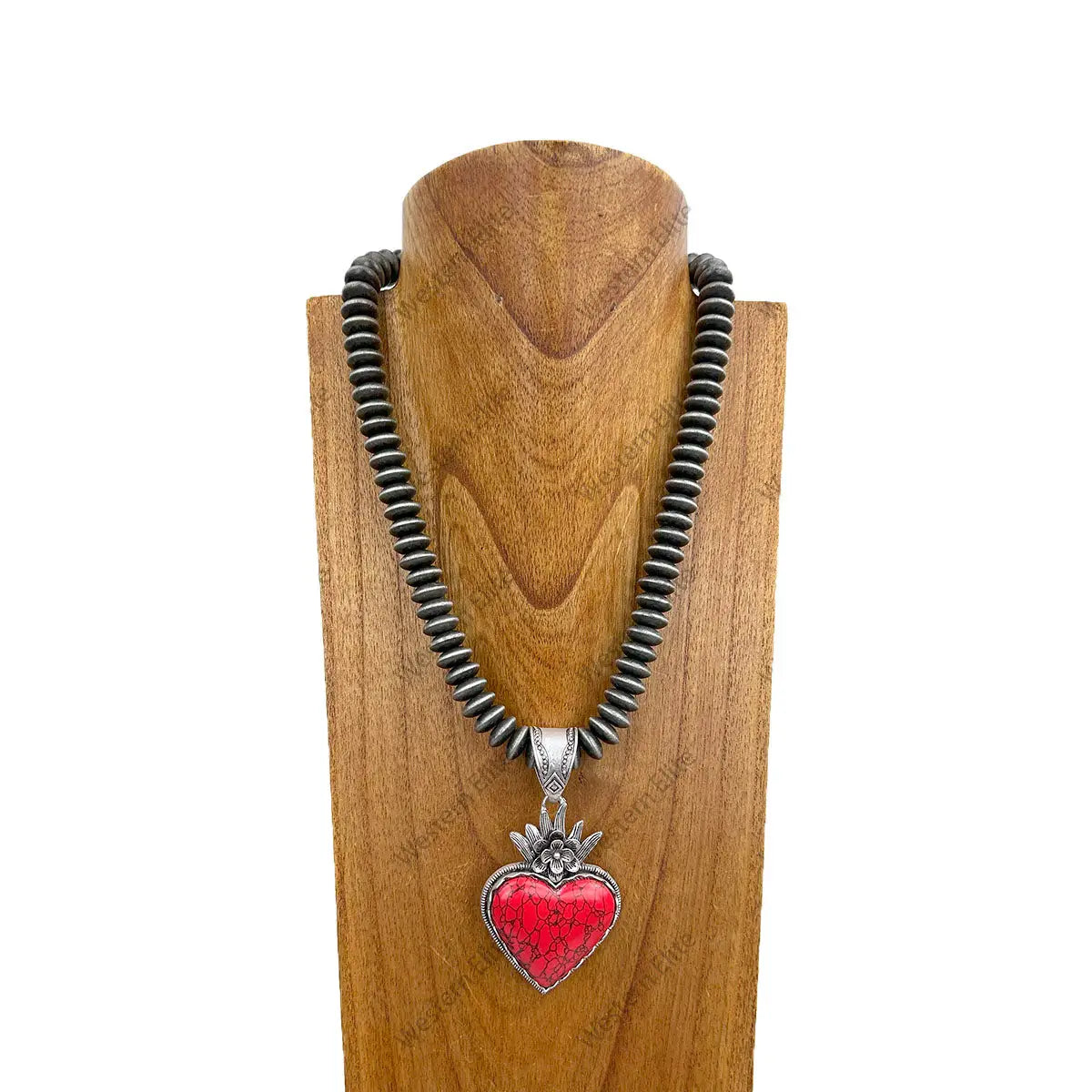 21" Navajo Inspired Rondelle Bead Necklace with Red Heart Pendant