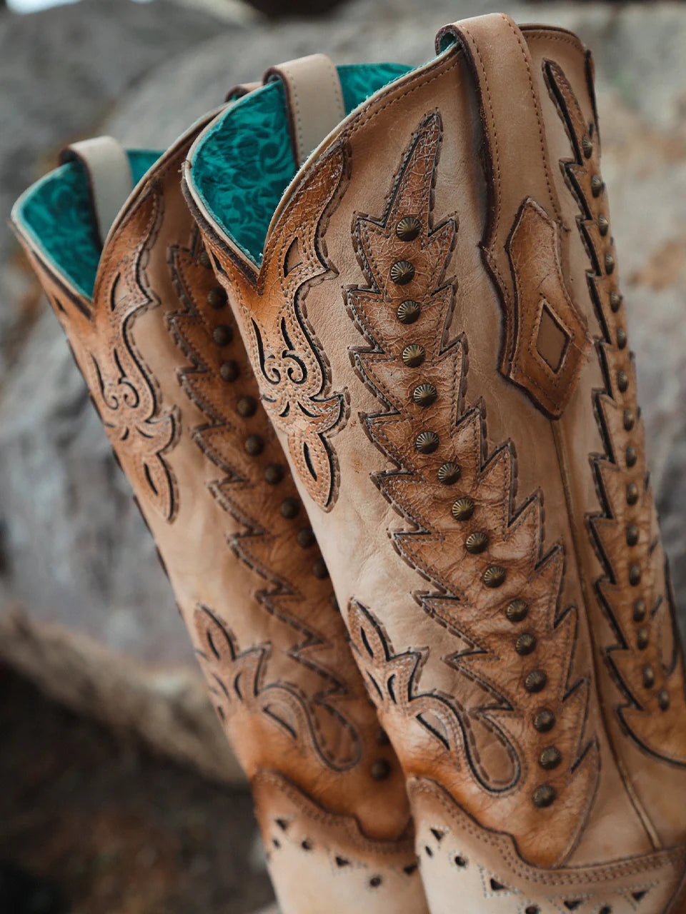Corral Women's Embroidery Overlay and Stud Wing Tip Snip Toe Boot in Sand