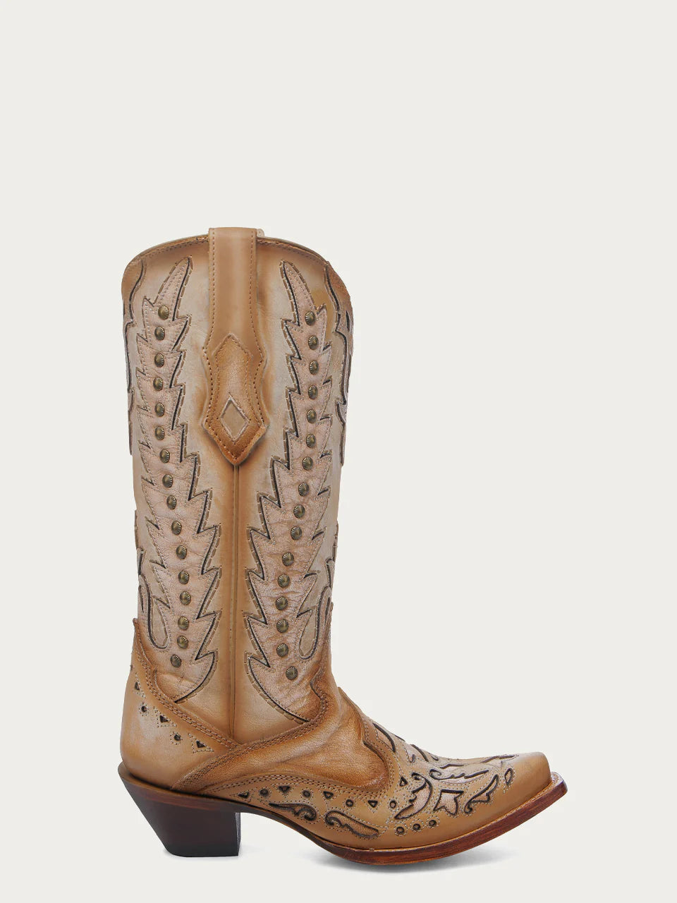 Corral Women's Embroidery Overlay and Stud Wing Tip Snip Toe Boot in Sand