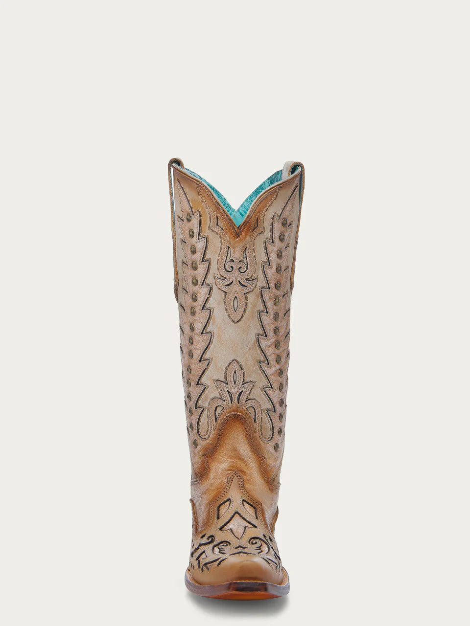 Corral Women's Embroidery Overlay and Stud Wing Tip Snip Toe Boot in Sand