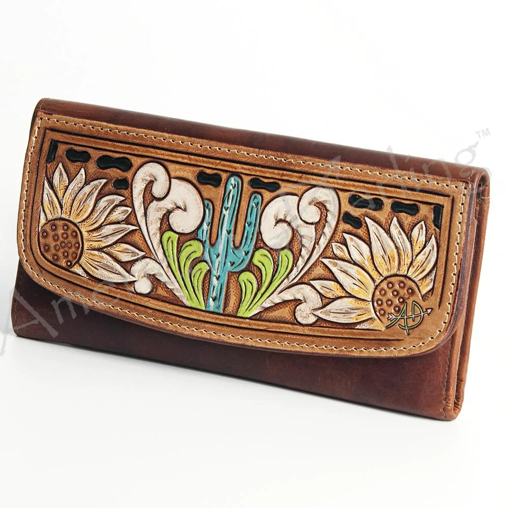 American Darling Leather Western Sunflower & Cactus Painted Wallet