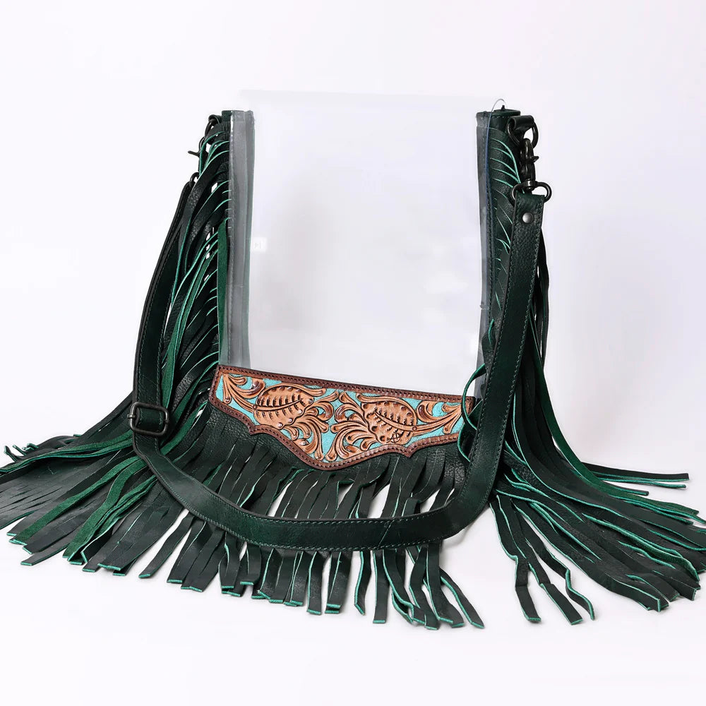American Darling Large Leather Trimmed Clear Crossbody Bag with Green Fringe