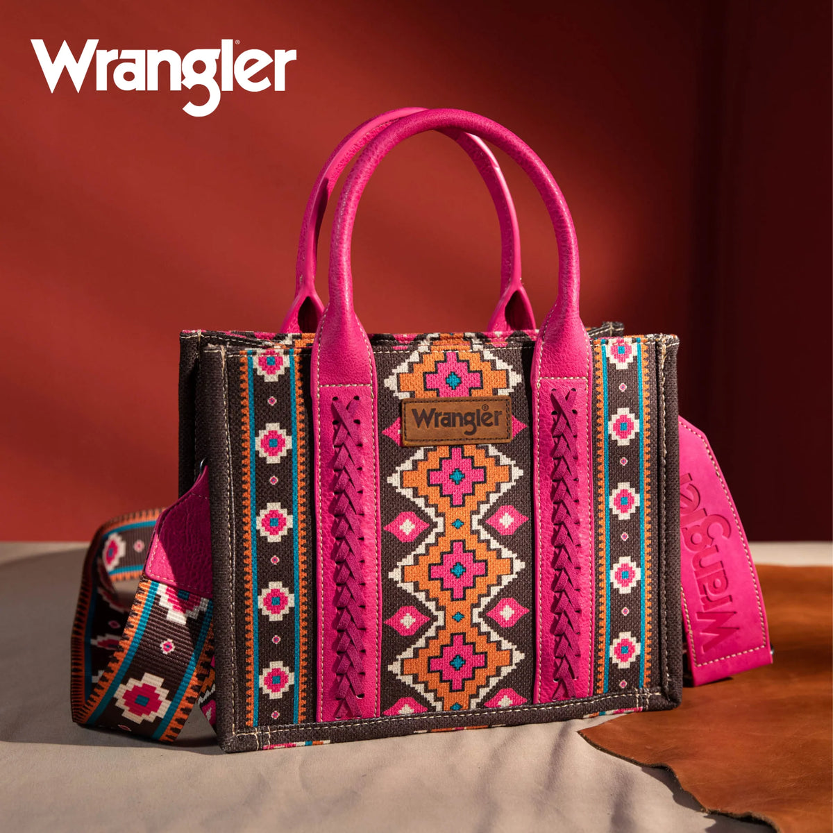 Wrangler Southwestern Dual Sided Print Small Canvas Tote/Crossbody in Hot Pink
