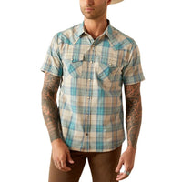 Ariat Men's S/S Southwest Plaid Howland Retro Fit Western Button Down Shirt in Turquoise (Available in Tall Sizes)