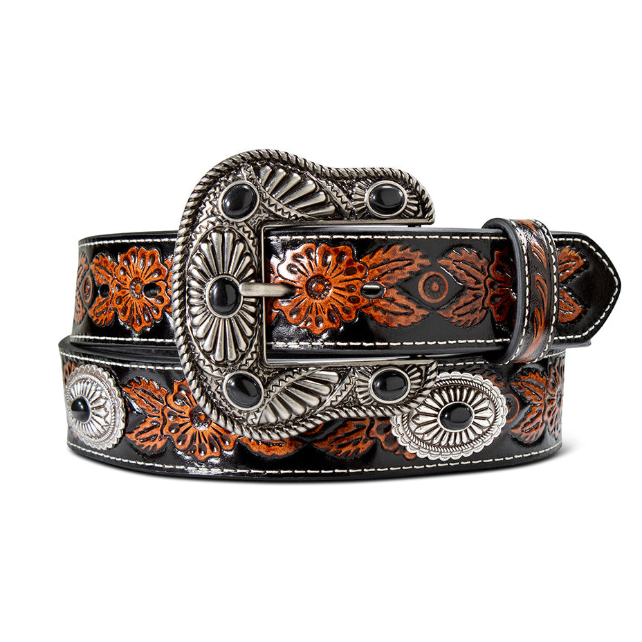 Ariat Women’s Floral Embossed Silver Concho Belt in Brown/Black