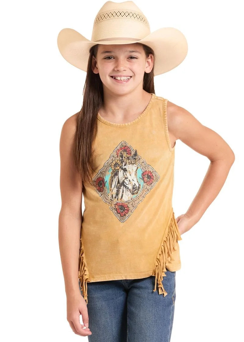 Rock & Roll Denim Girls Graphic Fringe Tank in Gold