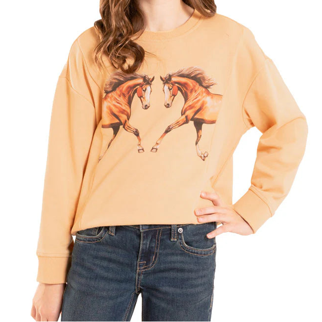 Rock & Roll Denim Girl's Horse Graphic Crewneck Sweatshirt in Tan