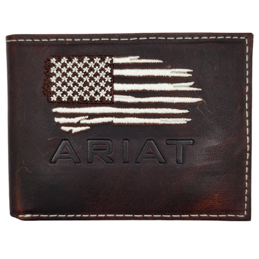 Ariat Men's Dark Brown Leather Distressed Flag Patch Bi Fold Wallet