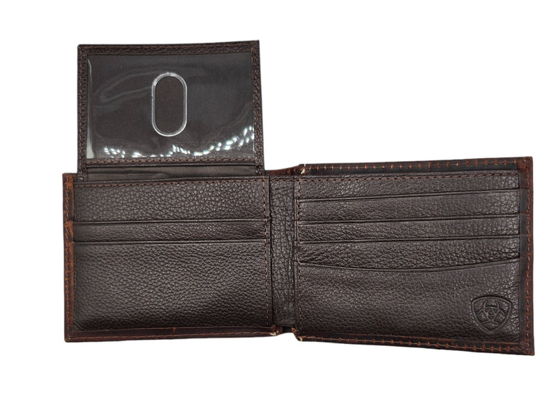 Ariat Men's Dark Brown Leather Distressed Flag Patch Bi Fold Wallet