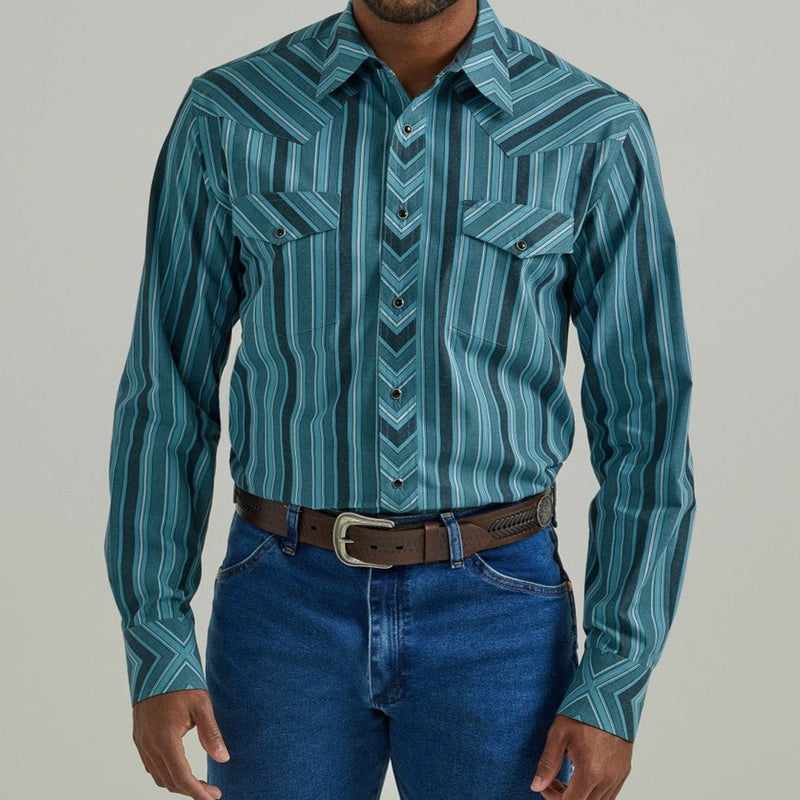 Stetson Striped Long Sleeve Snap Front Western Shirt - Turquoise