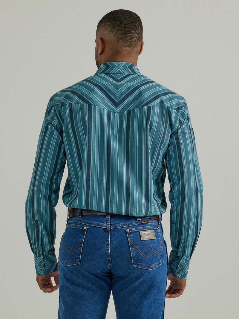 Men's Wrangler Silver Edition Long Sleeve Western Snap Shirt- Blue Stripes