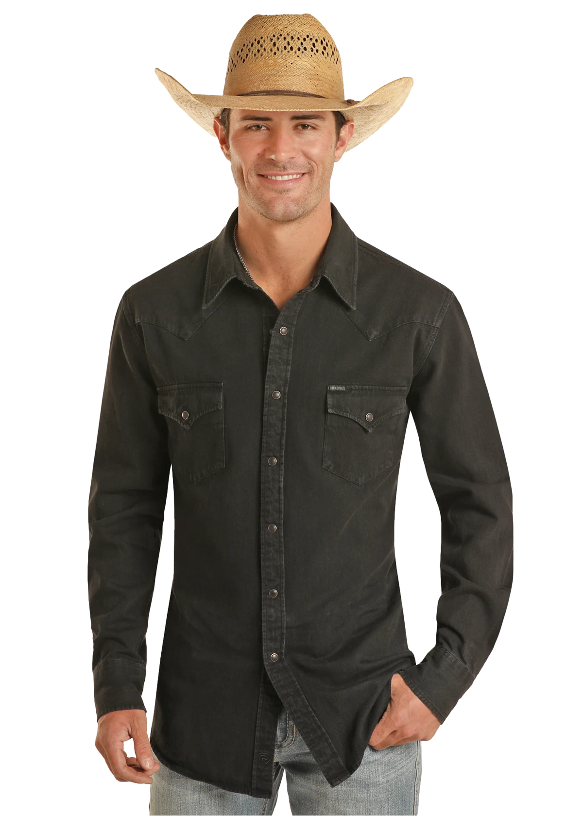 Rock & Roll Denim Men's L/S Slim Fit Denim Snap Shirt in Black Wash
