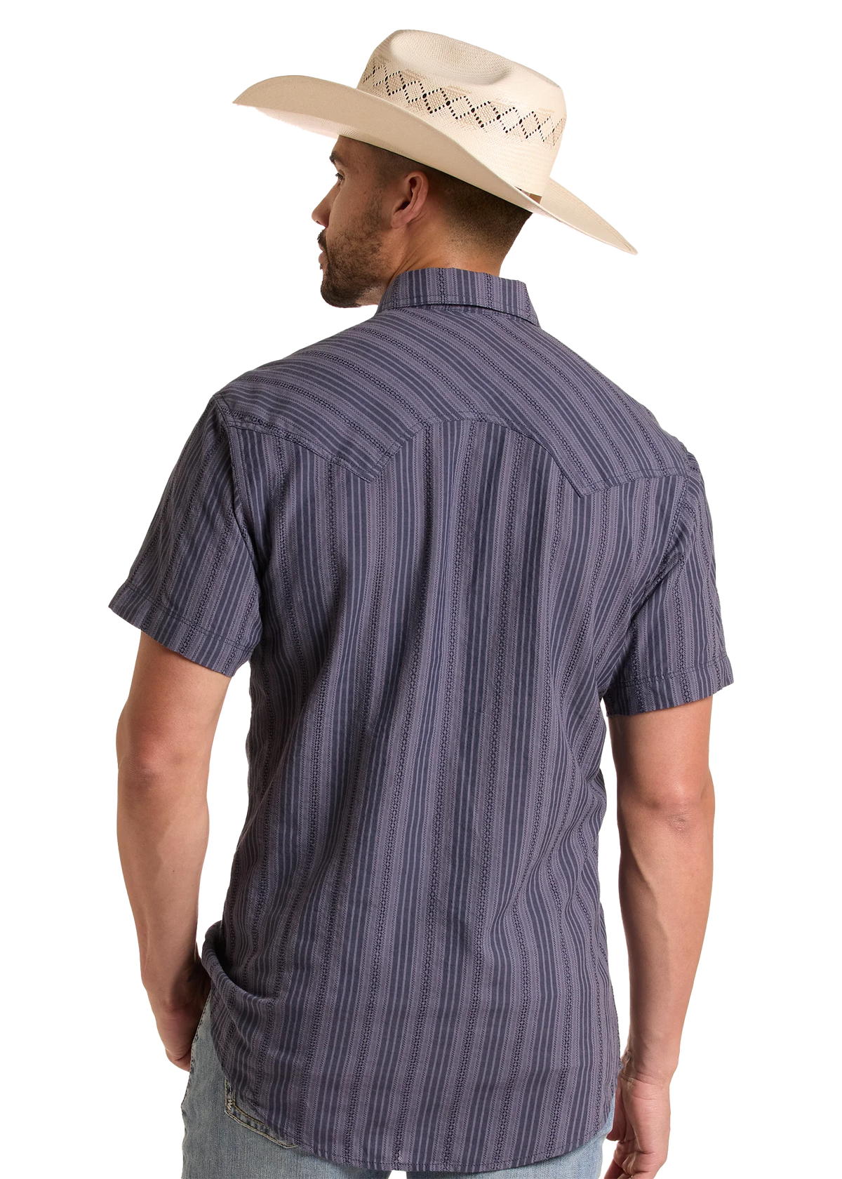 Rock & Roll Denim Men's S/S Koe Wetzel Dobby Striped Snap Shirt in Indigo