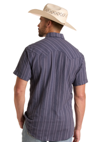 Rock & Roll Denim Men's S/S Koe Wetzel Dobby Striped Snap Shirt in Indigo