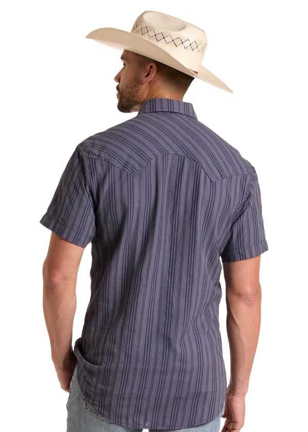 Rock & Roll Denim Men's S/S Koe Wetzel Dobby Striped Snap Shirt in Indigo