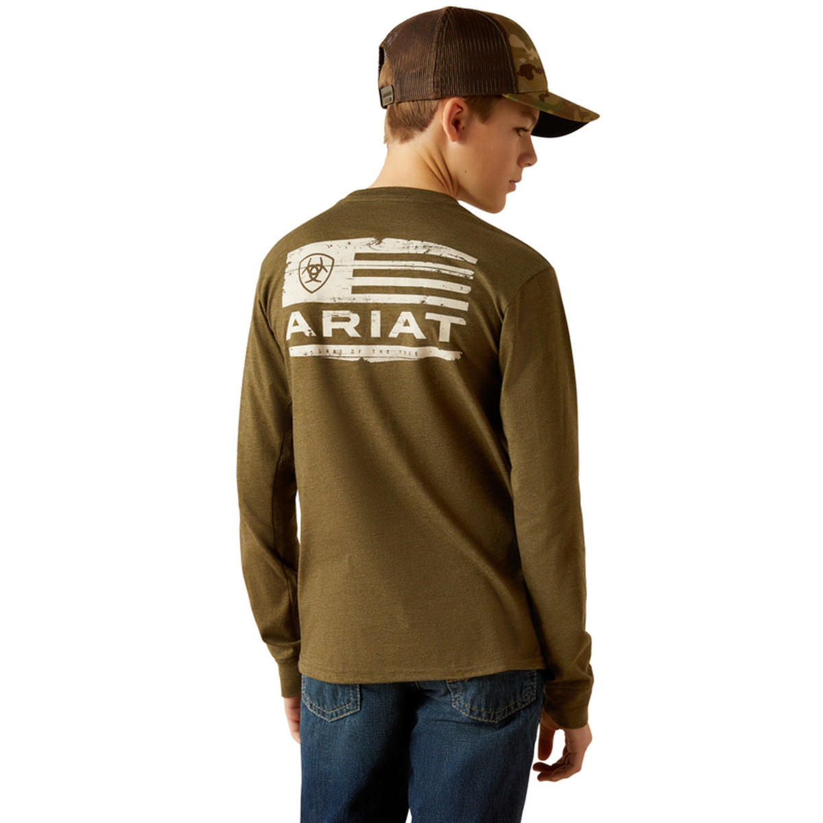 Ariat Boy's L/S Boarded LOTF Hex Graphic Logo T-Shirt in Military Heather