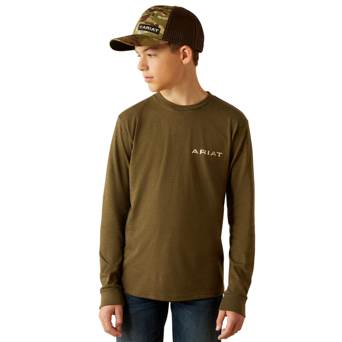 Ariat Boy's L/S Boarded LOTF Hex Graphic Logo T-Shirt in Military Heather