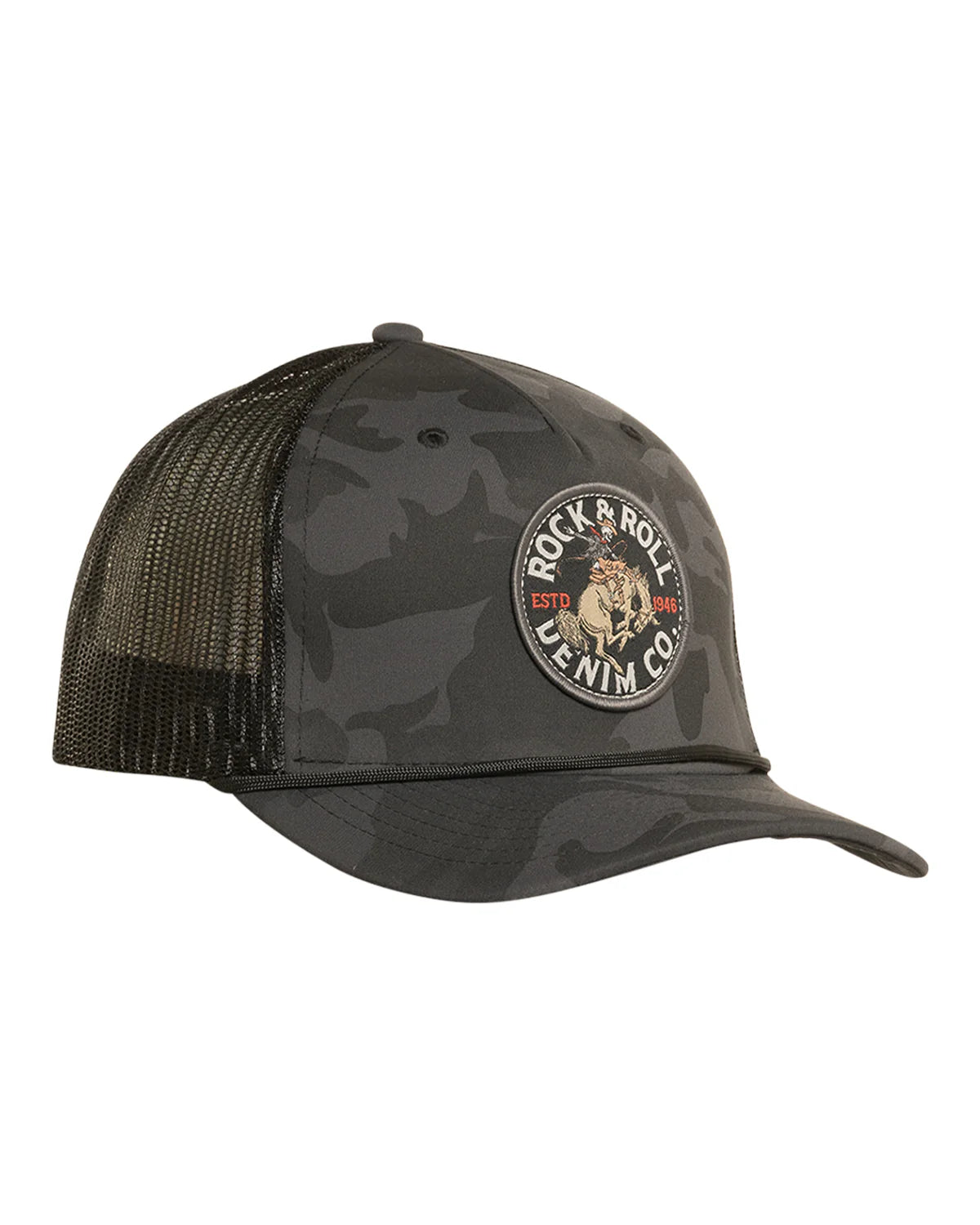 Rock & Roll Denim Black Camo Patch Cap in Charcoal